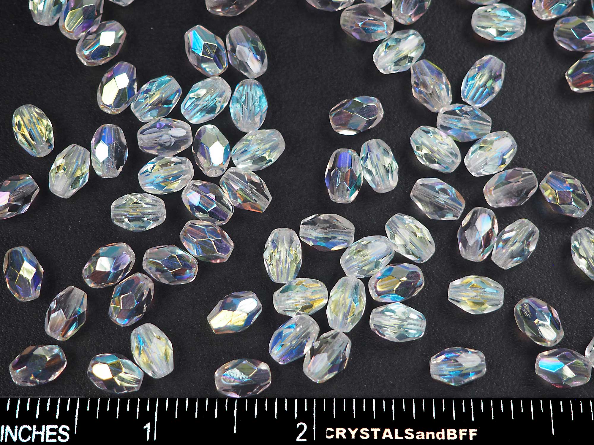 Czech Glass Olive Shaped Faceted Fire Polished Beads 9x7mm Crystal AB coated, 50 pieces, J001