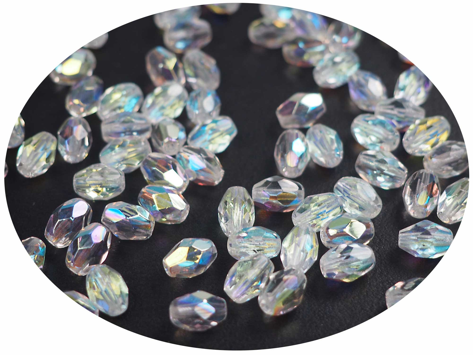 Czech Glass Olive Shaped Faceted Fire Polished Beads 9x7mm Crystal AB coated, 50 pieces, J001