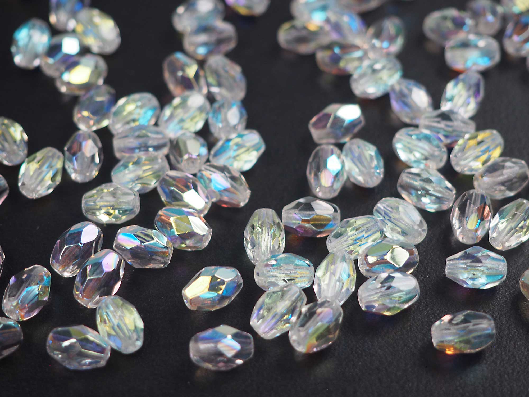 Czech Glass Olive Shaped Faceted Fire Polished Beads 9x7mm Crystal AB coated, 50 pieces, J001