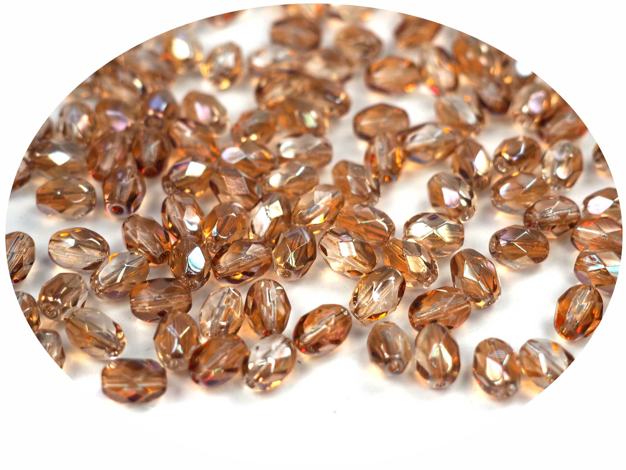 Czech Glass Olive Shaped Faceted Fire Polished Beads 7x5mm Crystal Celsianite coated, 50 pieces, P864