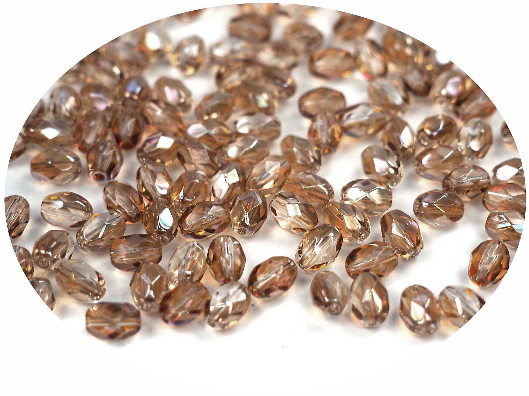 Czech Glass Olive Shaped Faceted Fire Polished Beads 6x4mm Crystal Celsian coated, 68 pieces, P860
