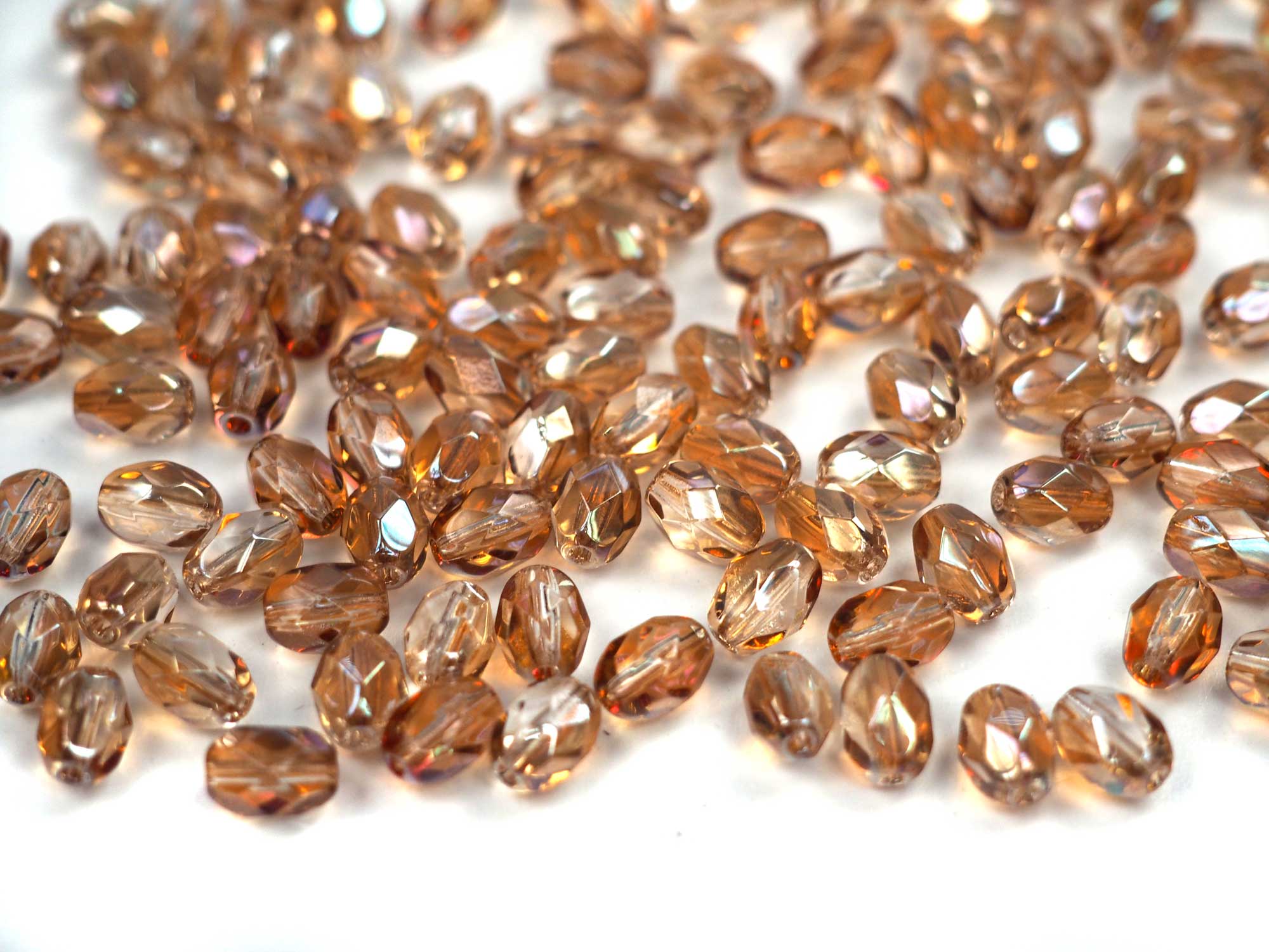Czech Glass Olive Shaped Faceted Fire Polished Beads 7x5mm Crystal Celsianite coated, 50 pieces, P864