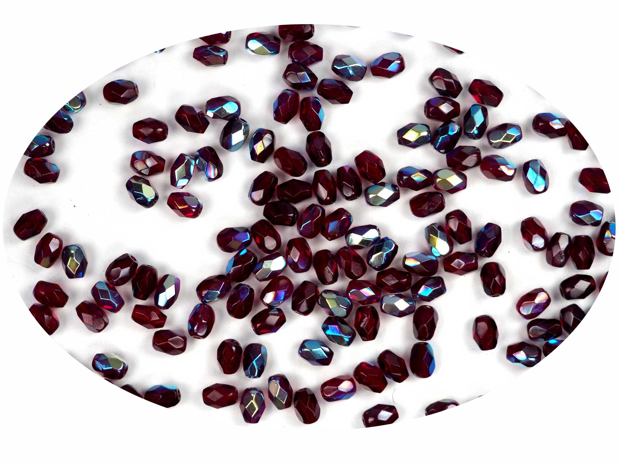 Czech Glass Olive Shaped Faceted Fire Polished Beads 6x4mm Garnet AB coated, 80 pieces, P853