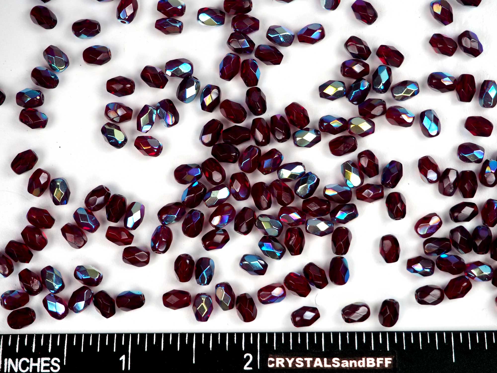 Czech Glass Olive Shaped Faceted Fire Polished Beads 6x4mm Garnet AB coated, 80 pieces, P853