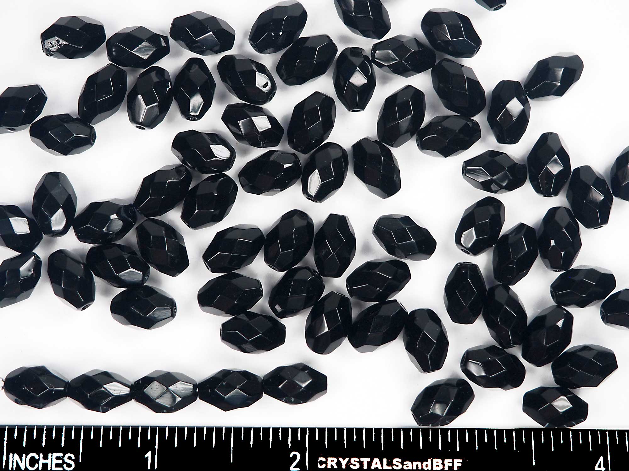 Czech Glass Olive Shaped Faceted Fire Polished Beads 10x7mm Jet black, 36 pieces, P869