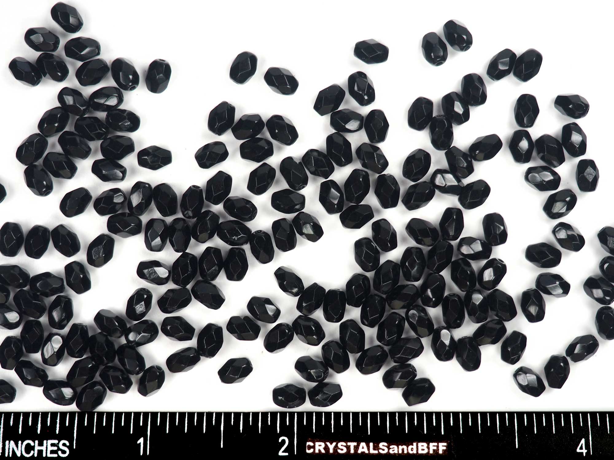 Czech Glass Olive Shaped Faceted Fire Polished Beads 6x4mm Jet black, 80 pieces, P855