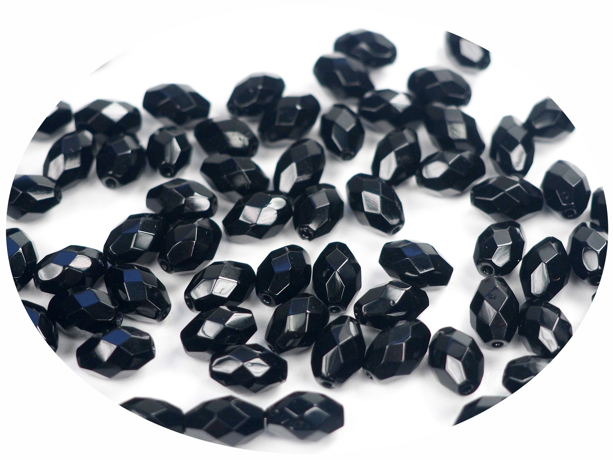 Czech Glass Olive Shaped Faceted Fire Polished Beads 10x7mm Jet black, 36 pieces, P869