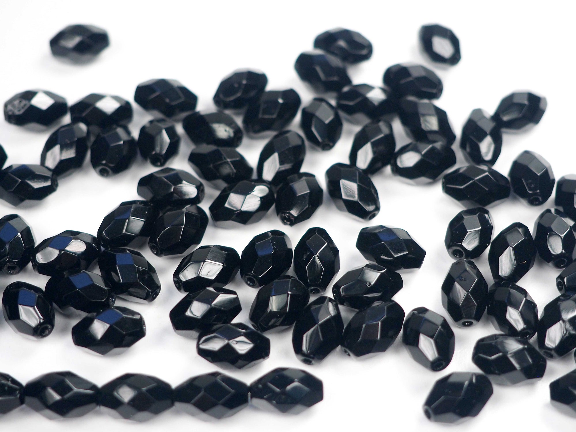 Czech Glass Olive Shaped Faceted Fire Polished Beads 10x7mm Jet black, 36 pieces, P869