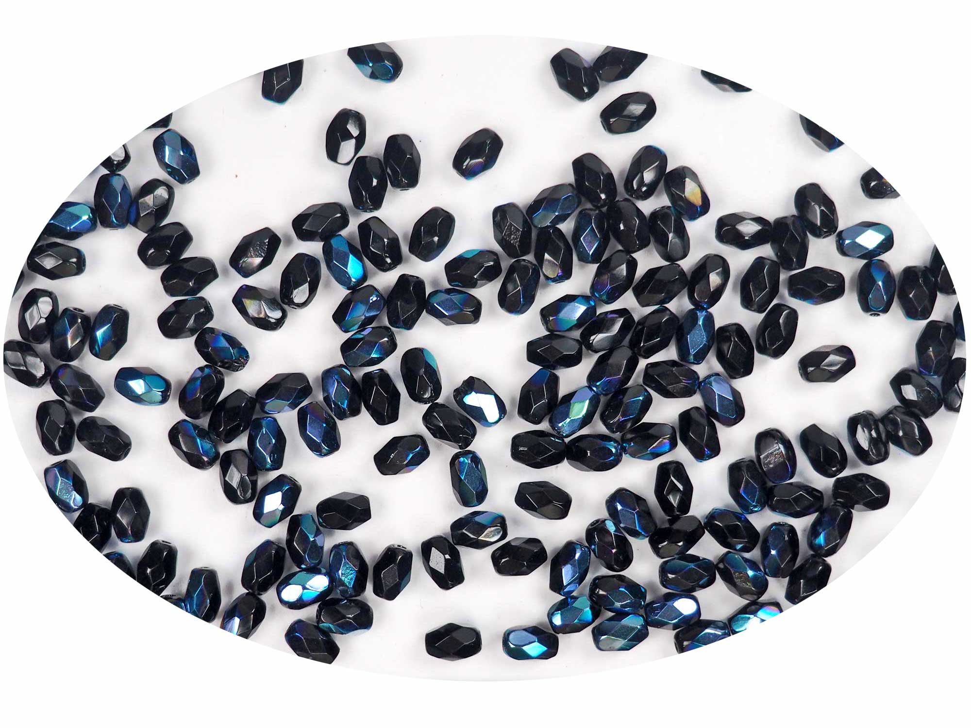 Czech Glass Olive Shaped Faceted Fire Polished Beads 6x4mm Jet AB coated, 38 pieces, P845