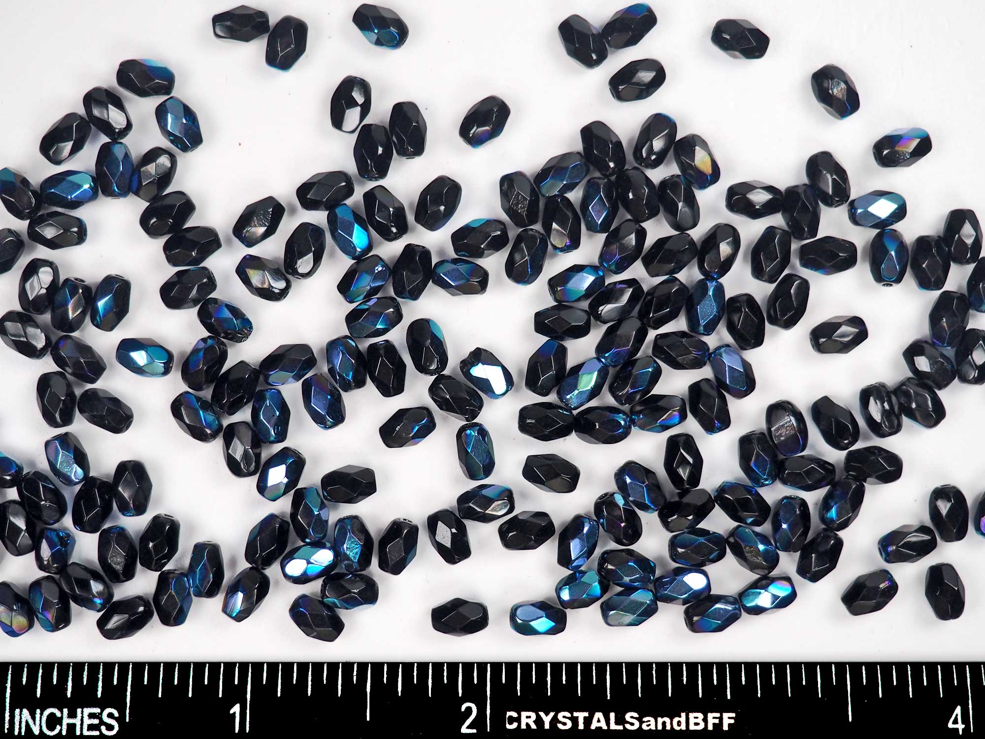 Czech Glass Olive Shaped Faceted Fire Polished Beads 6x4mm Jet AB coated, 80 pieces, P845