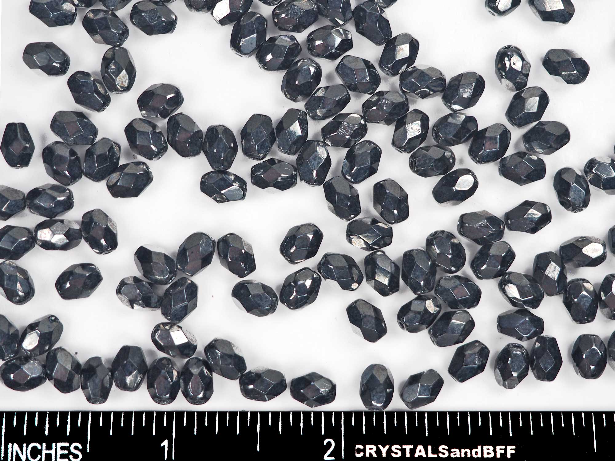 Czech Glass Olive Shaped Faceted Fire Polished Beads 7x5mm Jet Hematite fully coated, 50 pieces, P862