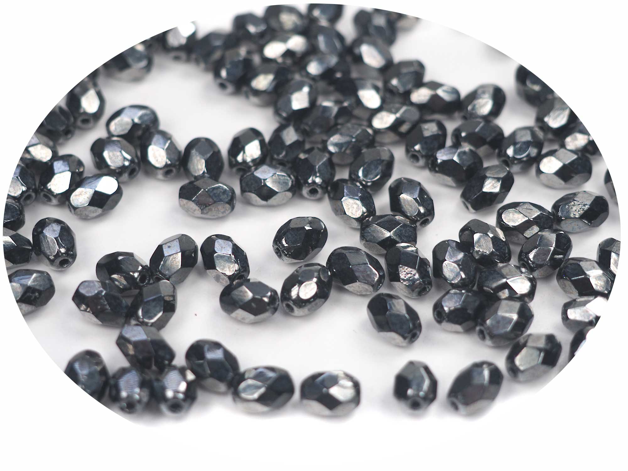 Czech Glass Olive Shaped Faceted Fire Polished Beads 7x5mm Jet Hematite fully coated, 50 pieces, P862