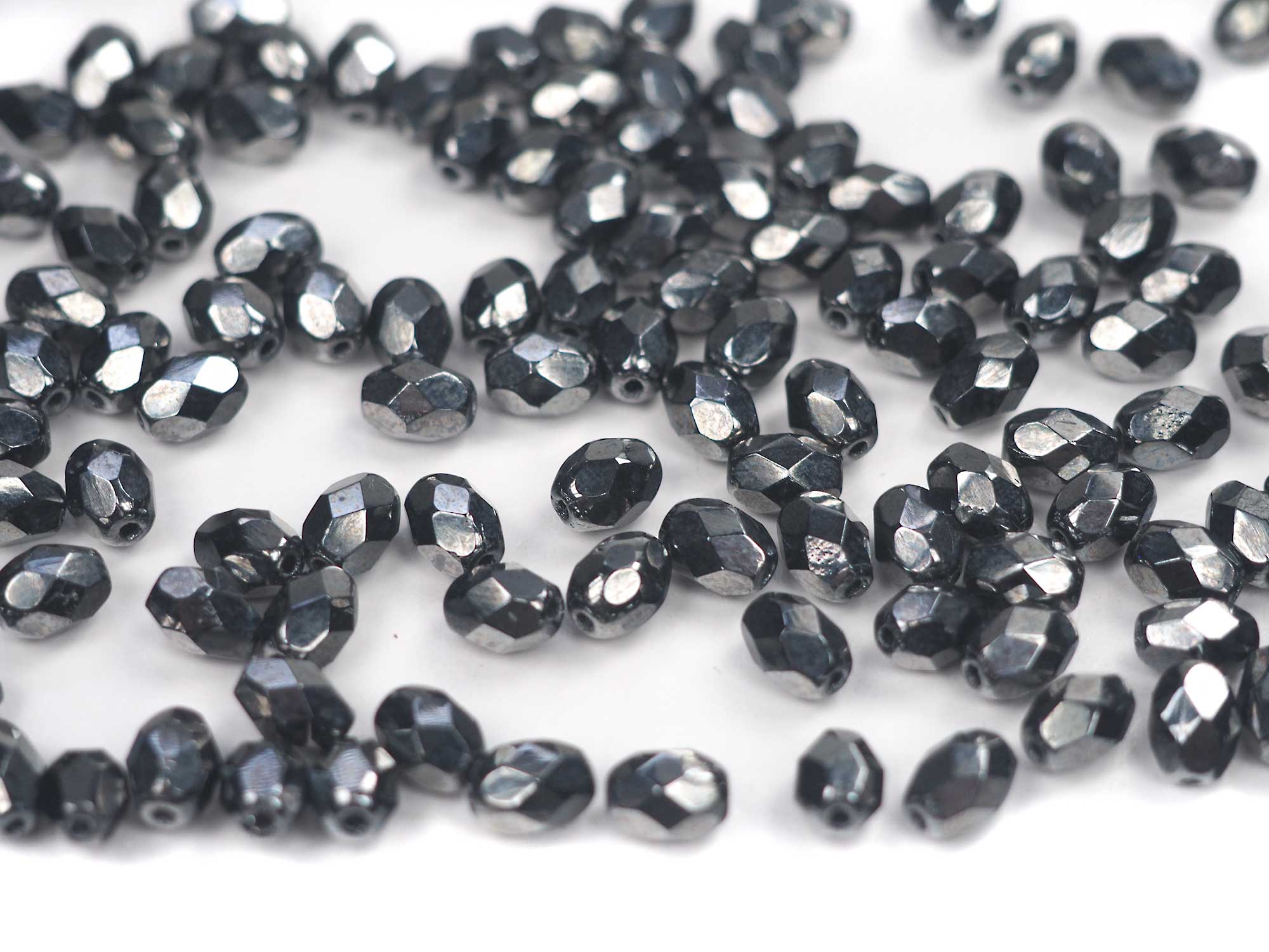 Czech Glass Olive Shaped Faceted Fire Polished Beads 7x5mm Jet Hematite fully coated, 50 pieces, P862