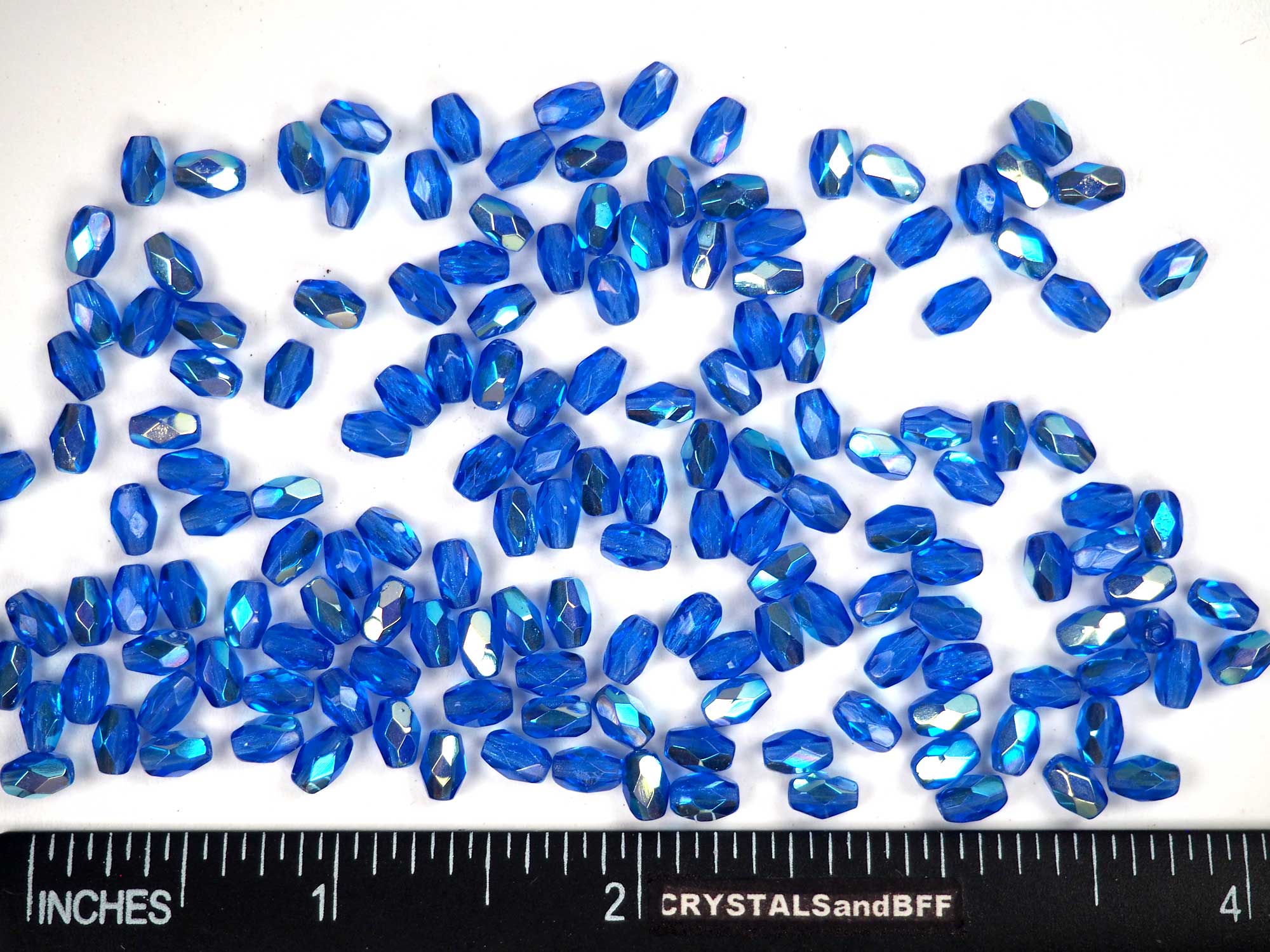 Czech Glass Olive Shaped Faceted Fire Polished Beads 6x4mm Sapphire AB coated, 80 pieces, P851