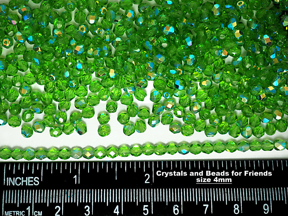 Peridot AB coated, loose Czech Fire Polished Round Faceted Glass Beads, green with Aurora Boreale, 3mm, 4mm, 6mm