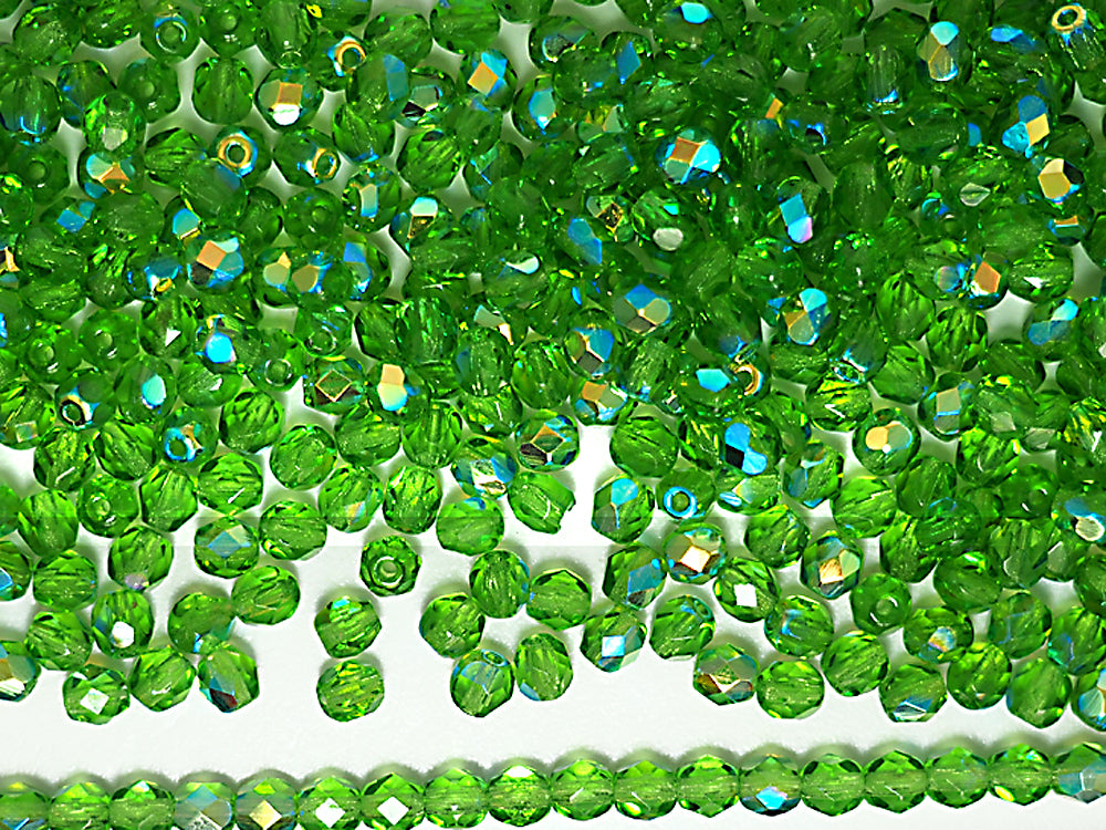 Peridot AB coated, loose Czech Fire Polished Round Faceted Glass Beads, green with Aurora Boreale, 3mm, 4mm, 6mm