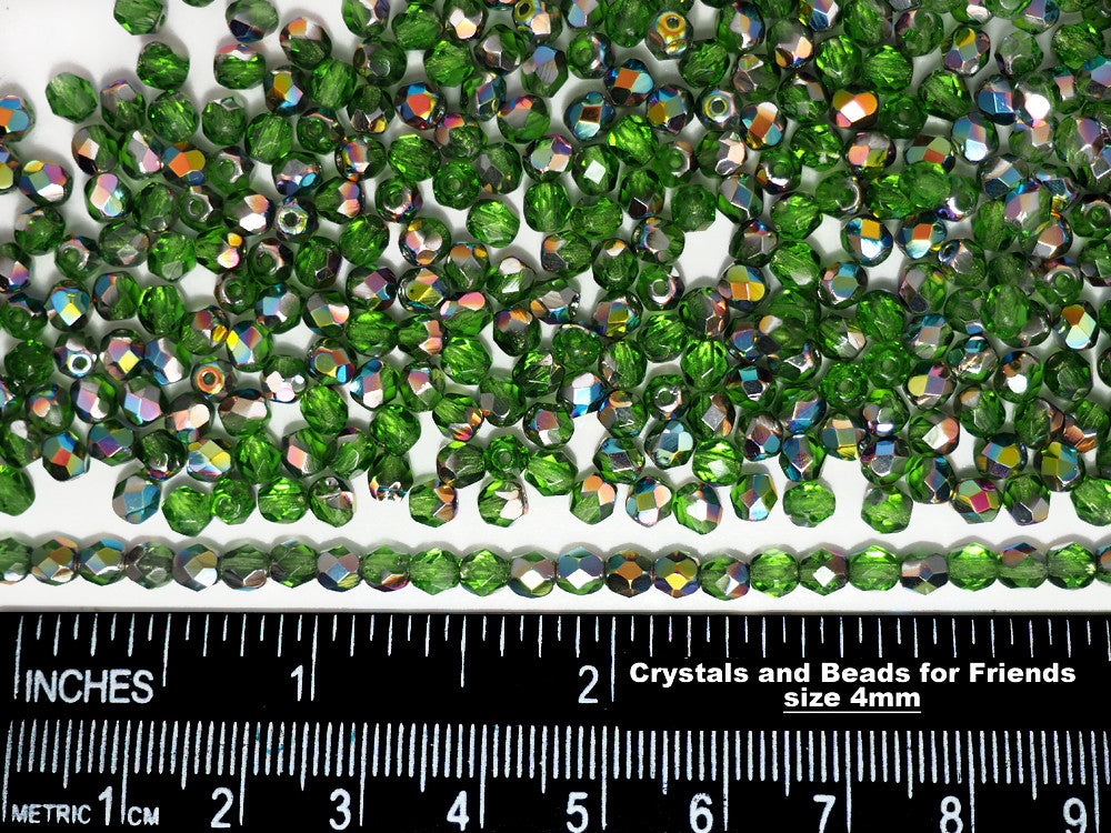 Peridot Vitrail coated, loose Czech Fire Polished Round Faceted Glass Beads, green metallic coated, 3mm, 4mm, 6mm
