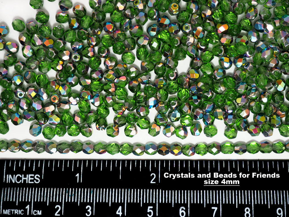 Peridot Vitrail coated Czech Fire Polished Round Faceted Glass Beads 16 inch strand 3mm 4mm 6mm 8mm
