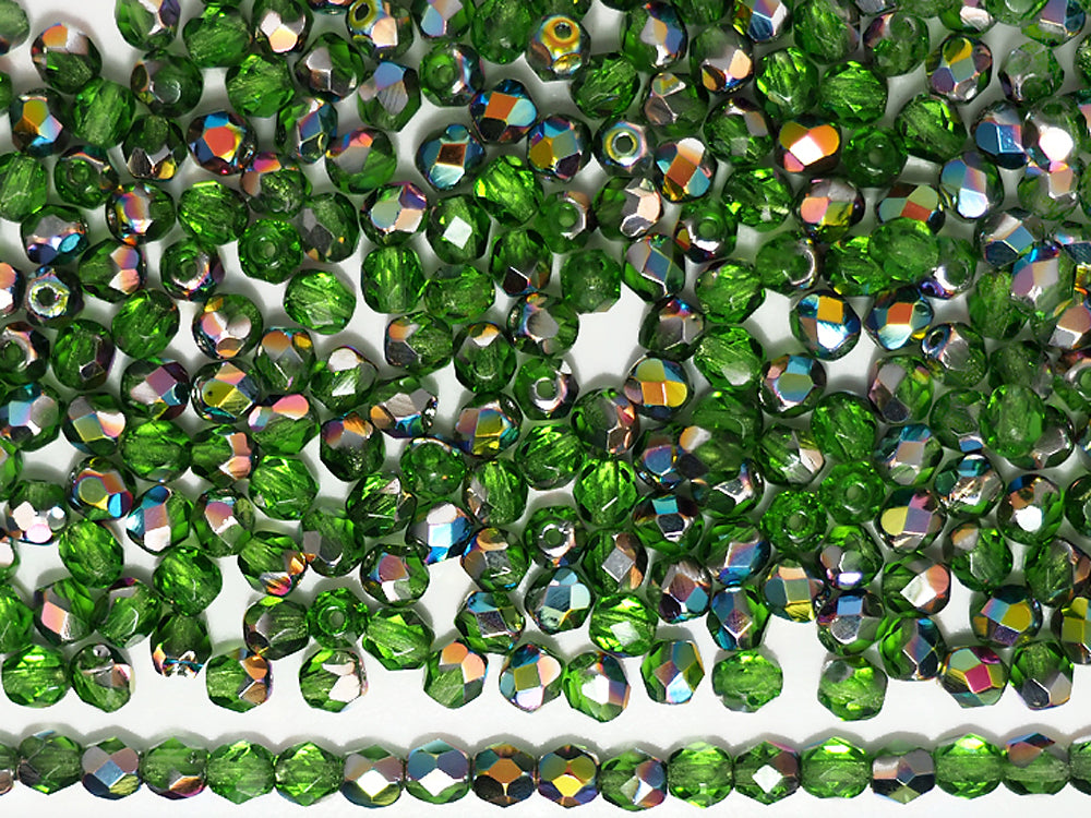 Peridot Vitrail coated Czech Fire Polished Round Faceted Glass Beads 16 inch strand 3mm 4mm 6mm 8mm