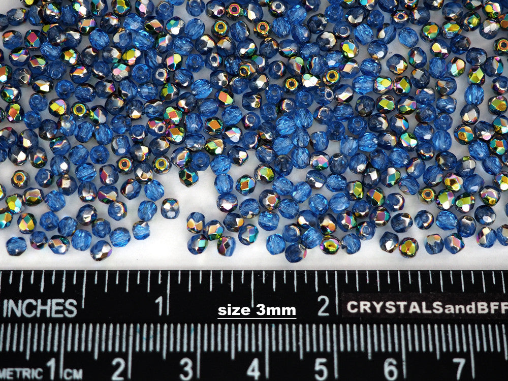 Sapphire VITRAIL coated, loose Czech Fire Polished Round Faceted Glass Beads, blue