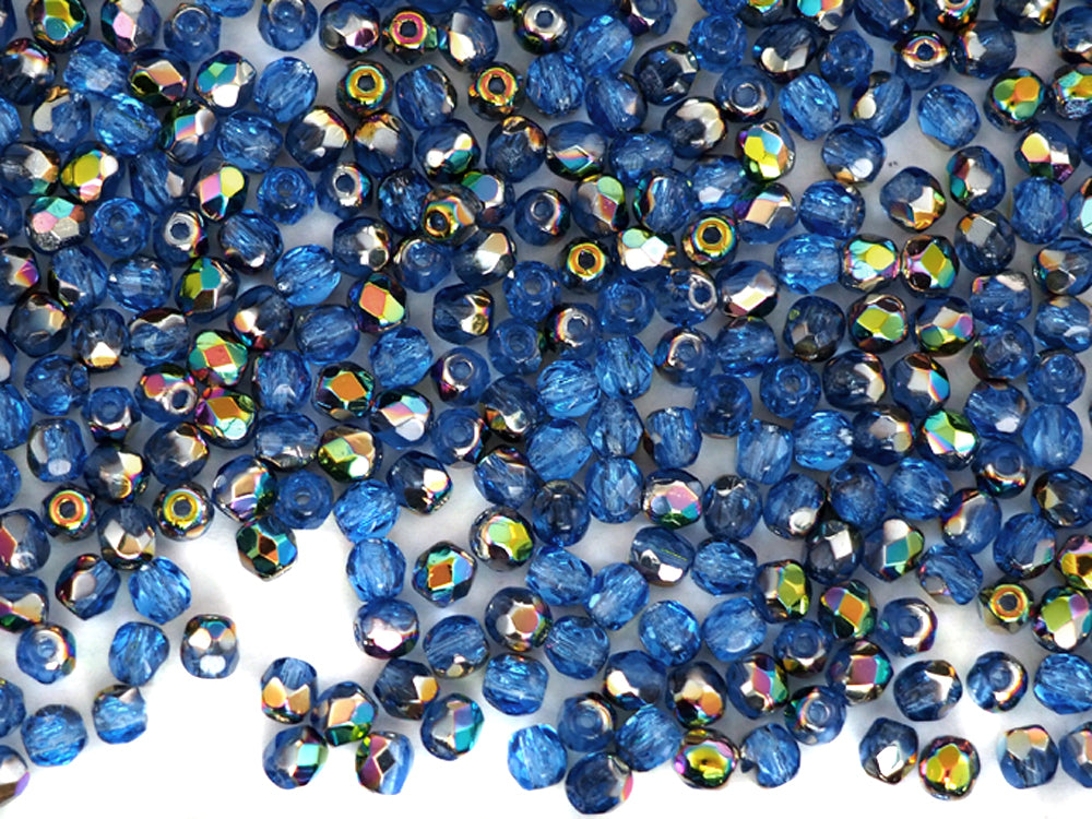 Sapphire VITRAIL coated, loose Czech Fire Polished Round Faceted Glass Beads, blue