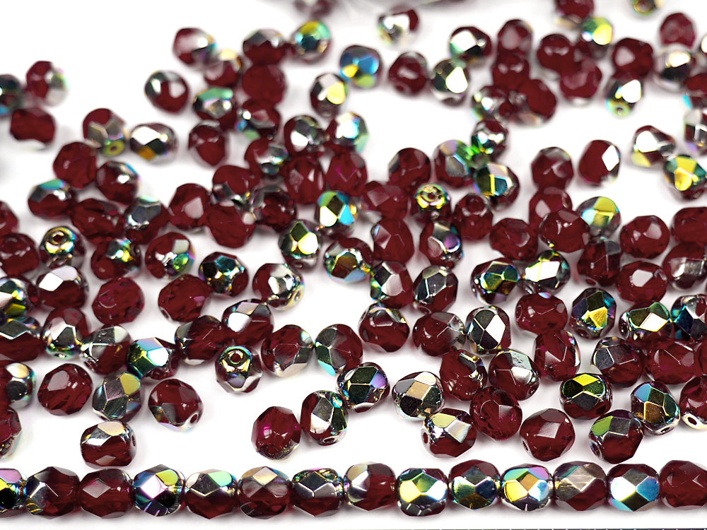 Siam Vitrail coated, loose Czech Fire Polished Round Faceted Glass Beads, red with Vitrail Medium coating