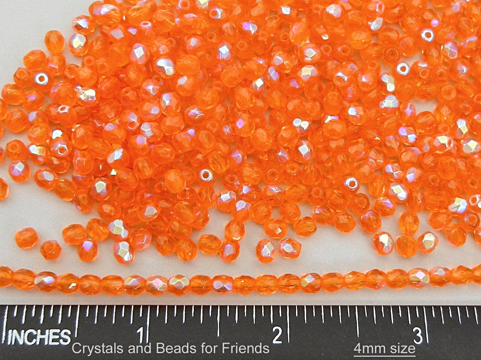 Sun AB Coated, loose Czech Fire Polished Round Faceted Glass Beads, orange with Aurora Boreale, 3mm, 4mm, 6mm