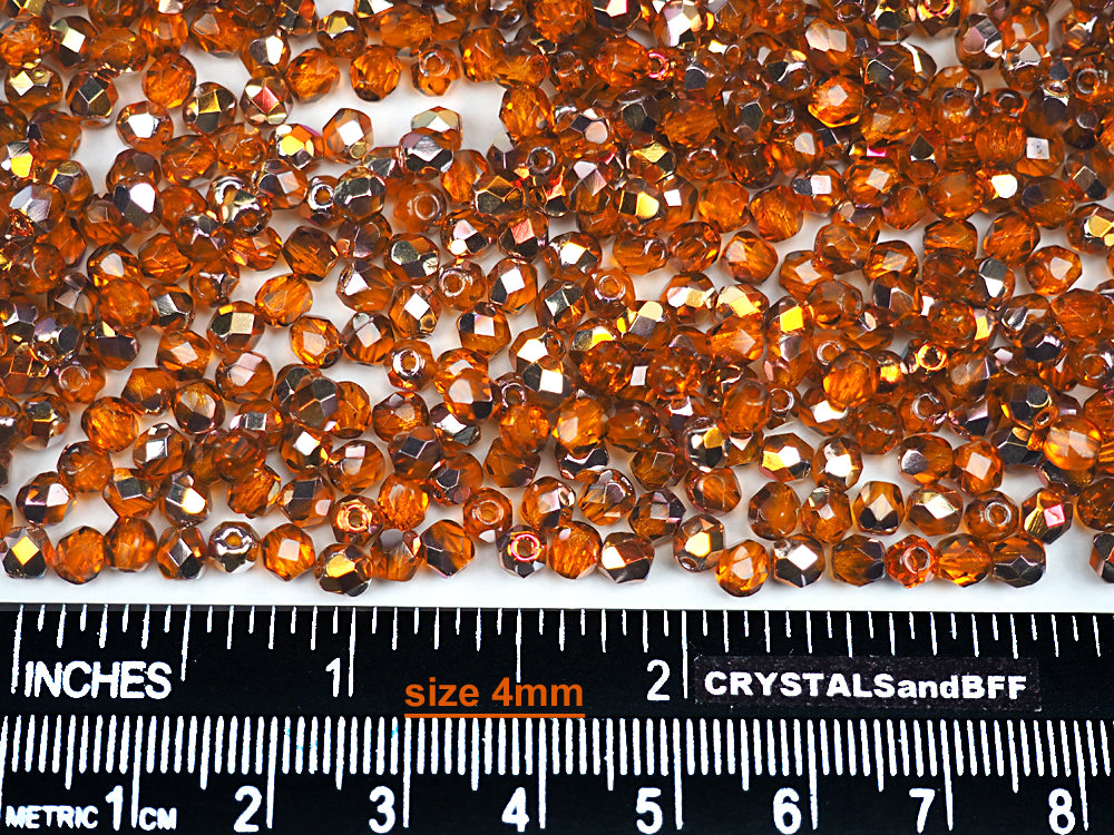 Sun Santander coated (Indian Red Santander), loose Czech Fire Polished Round Faceted Glass Beads