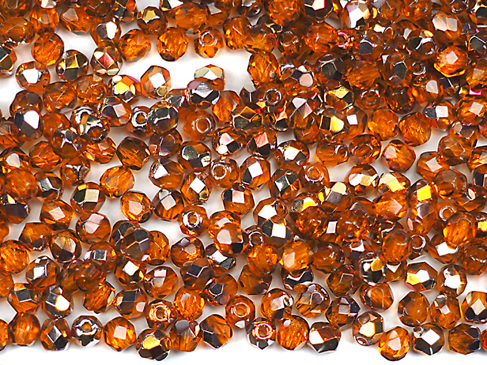 Sun Santander coated (Indian Red Santander), loose Czech Fire Polished Round Faceted Glass Beads