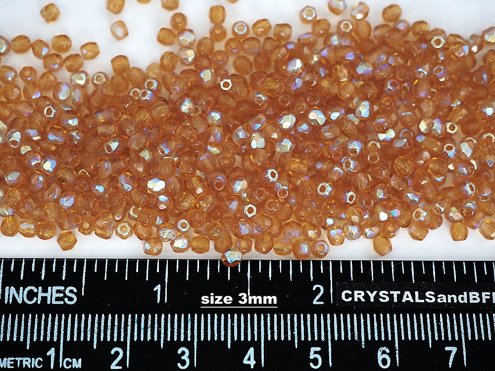 Topaz AB coated, loose Czech Fire Polished Round Faceted Glass Beads, golden brown with Aurora Boreale, 3mm, 4mm, 6mm