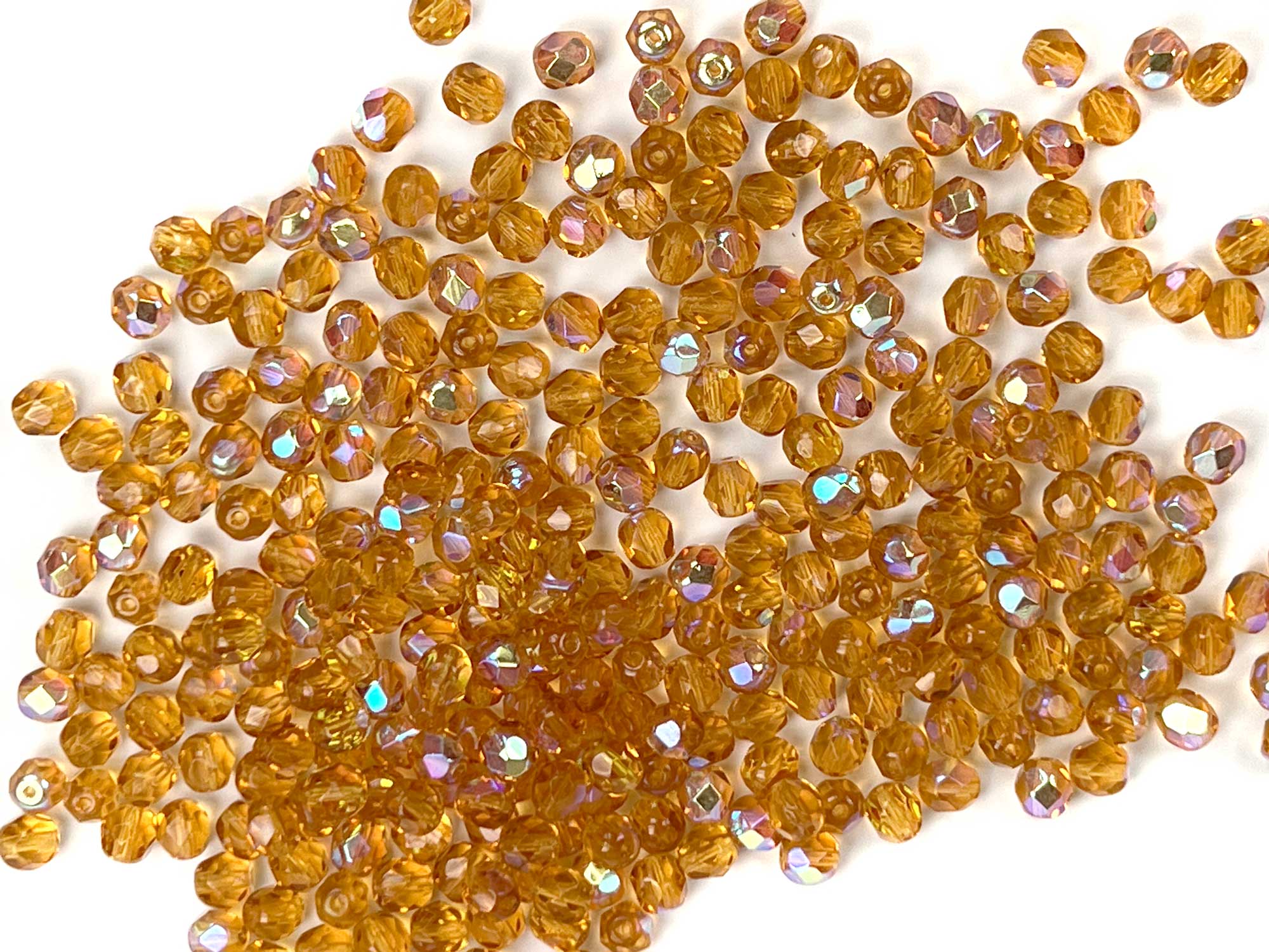 Topaz AB coated, loose Czech Fire Polished Round Faceted Glass Beads, golden brown with Aurora Boreale, 3mm, 4mm, 6mm