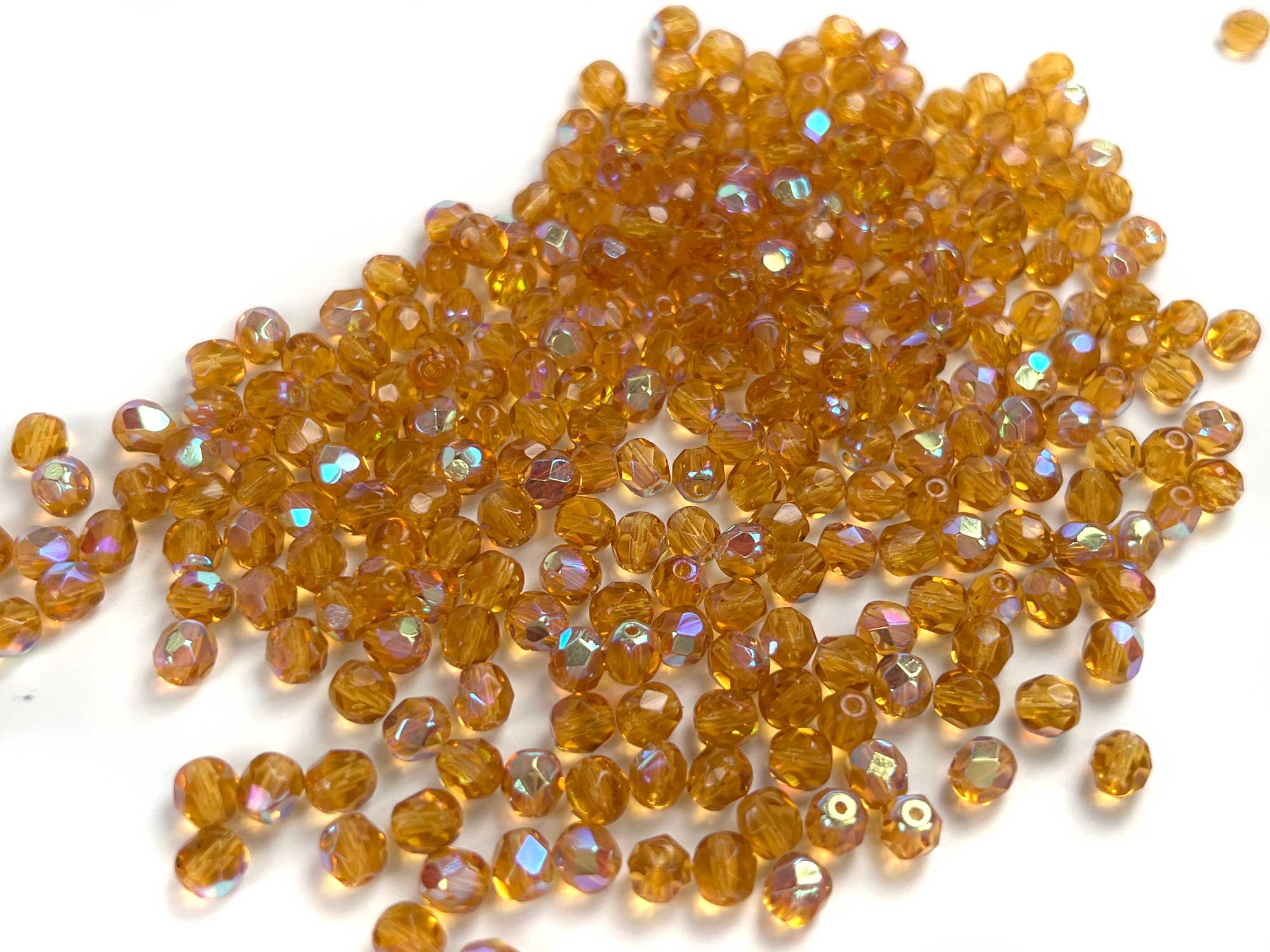 Topaz AB coated, loose Czech Fire Polished Round Faceted Glass Beads, golden brown with Aurora Boreale, 3mm, 4mm, 6mm