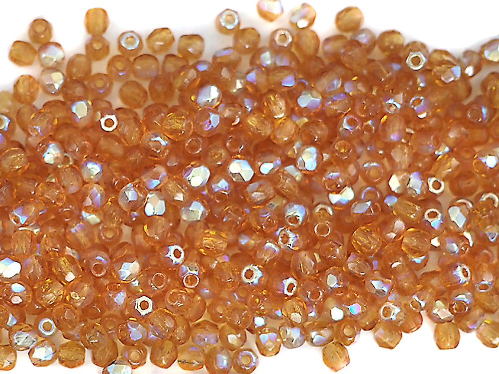Topaz AB coated, Czech Fire Polished Round Faceted Glass Beads, 16 inch strand