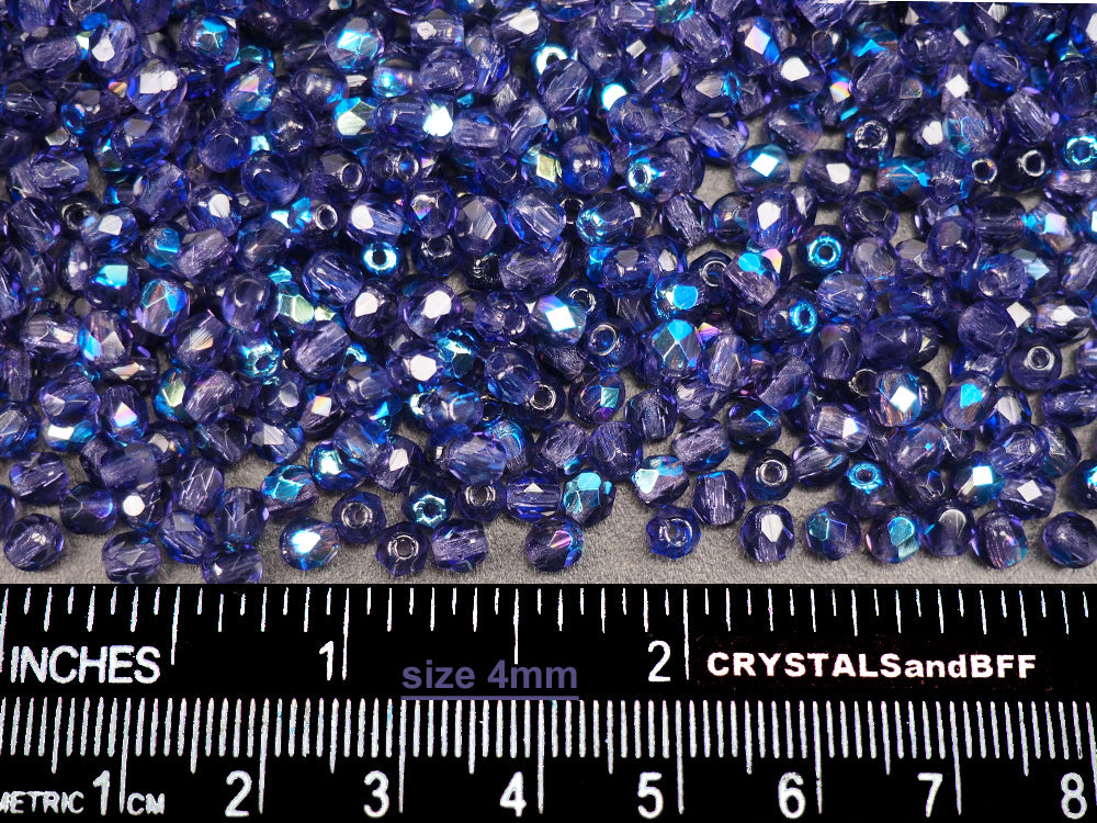 Tanzanite AB coated Czech Fire Polished Round Faceted Glass Beads 16 inch strands Deep Tanzanite Purple 3mm 4mm 6mm 8mm