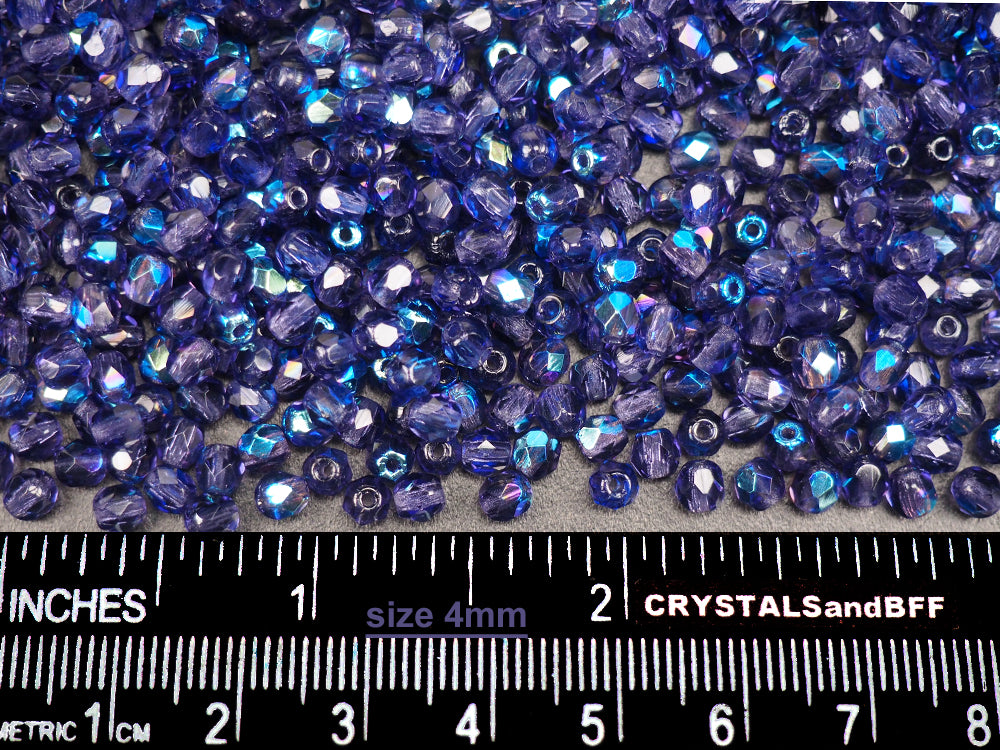 Tanzanite AB coated, Czech Fire Polished Round Faceted Glass Beads, 16 inch strands, Deep Tanzanite Purple