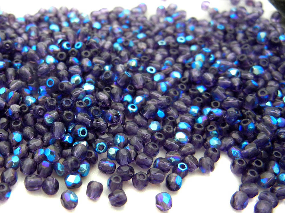 Tanzanite AB Coated, loose Czech Fire Polished Round Faceted Glass Beads