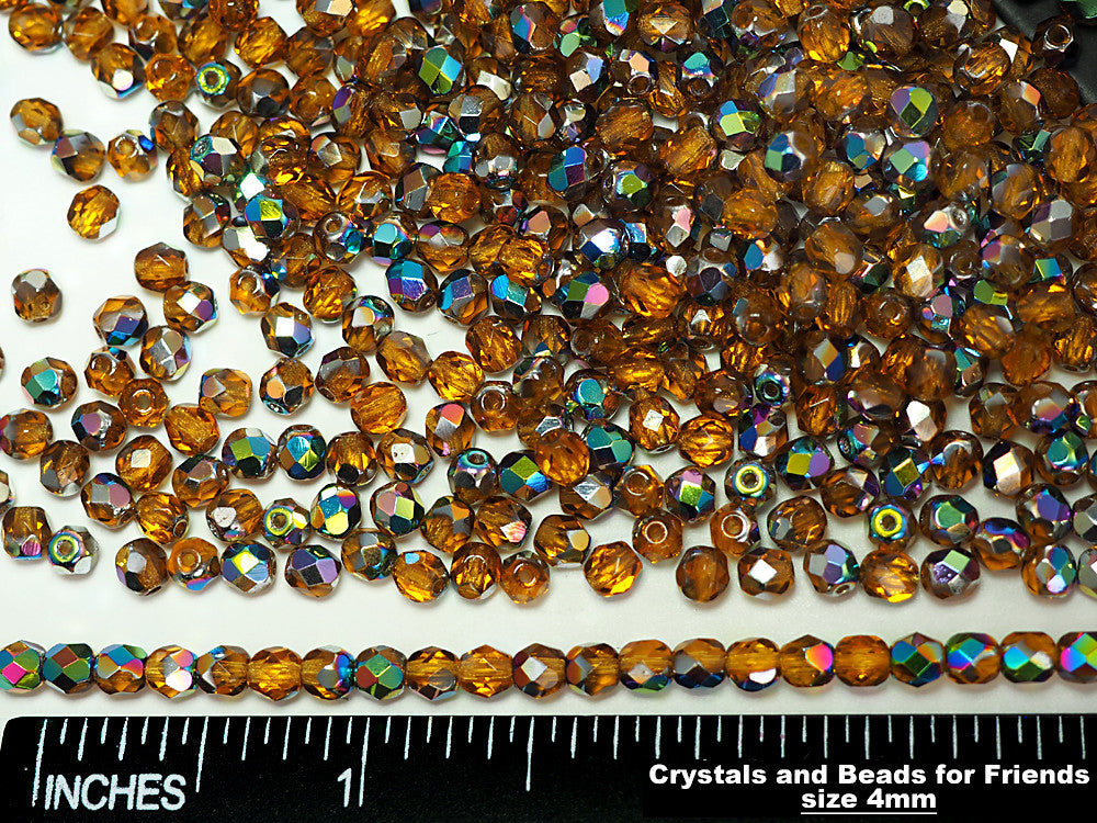 Topaz Vitrail coated, loose Czech Fire Polished Round Faceted Glass Beads, golden brown with metallic coating, 3mm, 4mm, 6mm