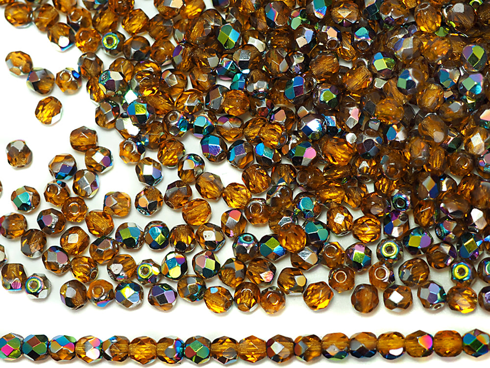 Topaz Vitrail coated, loose Czech Fire Polished Round Faceted Glass Beads, golden brown with metallic coating, 3mm, 4mm, 6mm