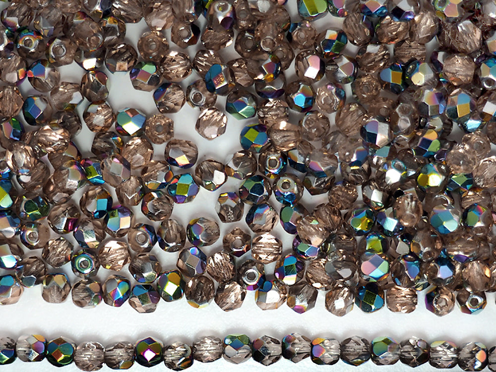 Vintage Rose Vitrail coated, loose Czech Fire Polished Round Faceted Glass Beads, pink with metallic coating, 3mm, 4mm, 6mm