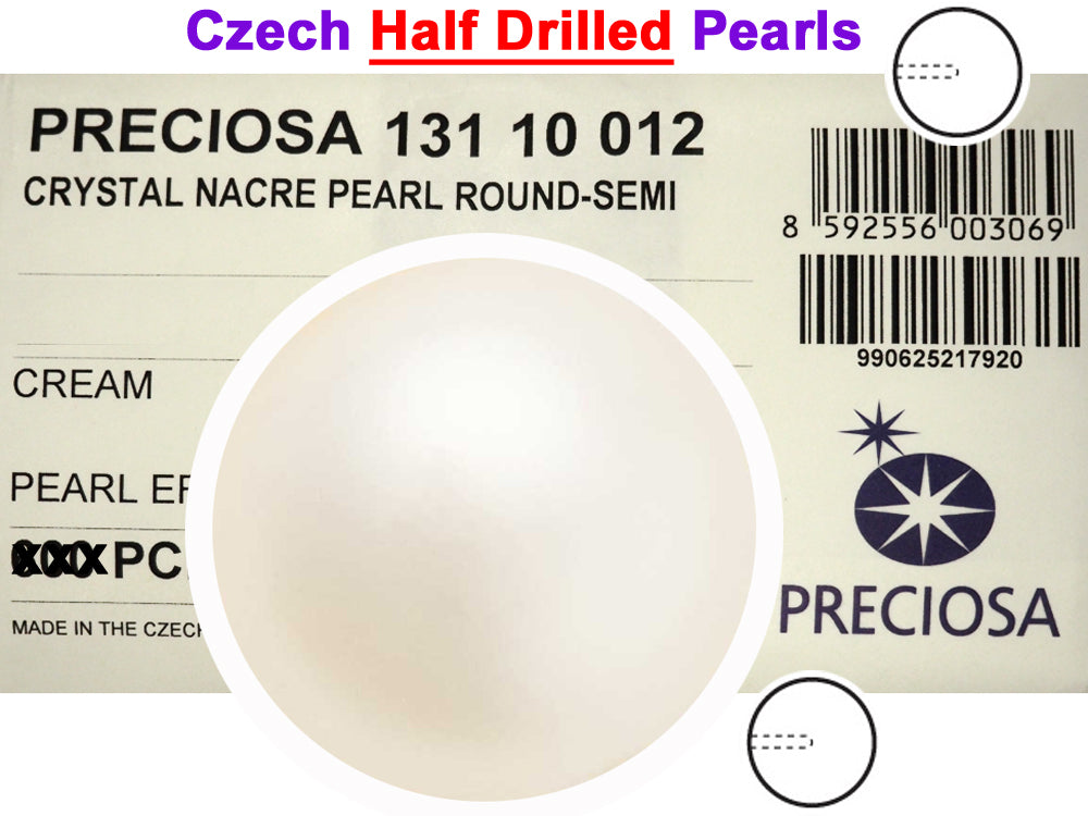 Czech Round Half Drilled Glass Imitation Pearls, Cream Pearl color, size 4mm, 6mm and 8mm