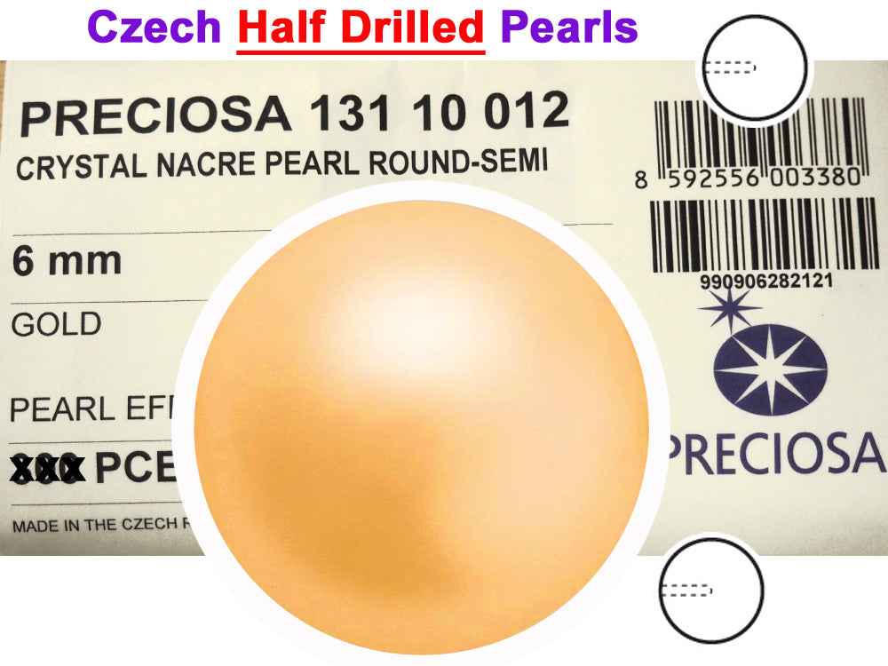 Czech Round Half Drilled Glass Imitation Pearls, Gold Pearl color, size 4mm and 6mm