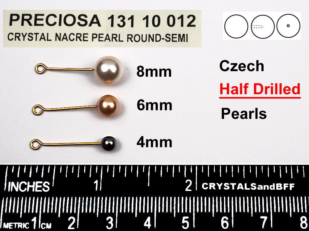 Czech Round Half Drilled Glass Imitation Pearls, Gold Pearl color, size 4mm and 6mm