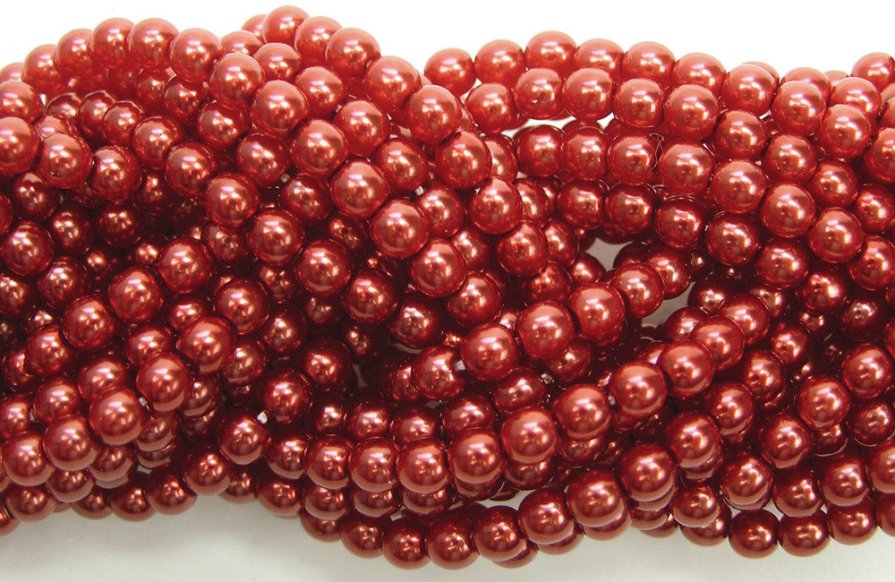 Czech Round Glass Imitation Pearls, Carnelian Red Pearl color