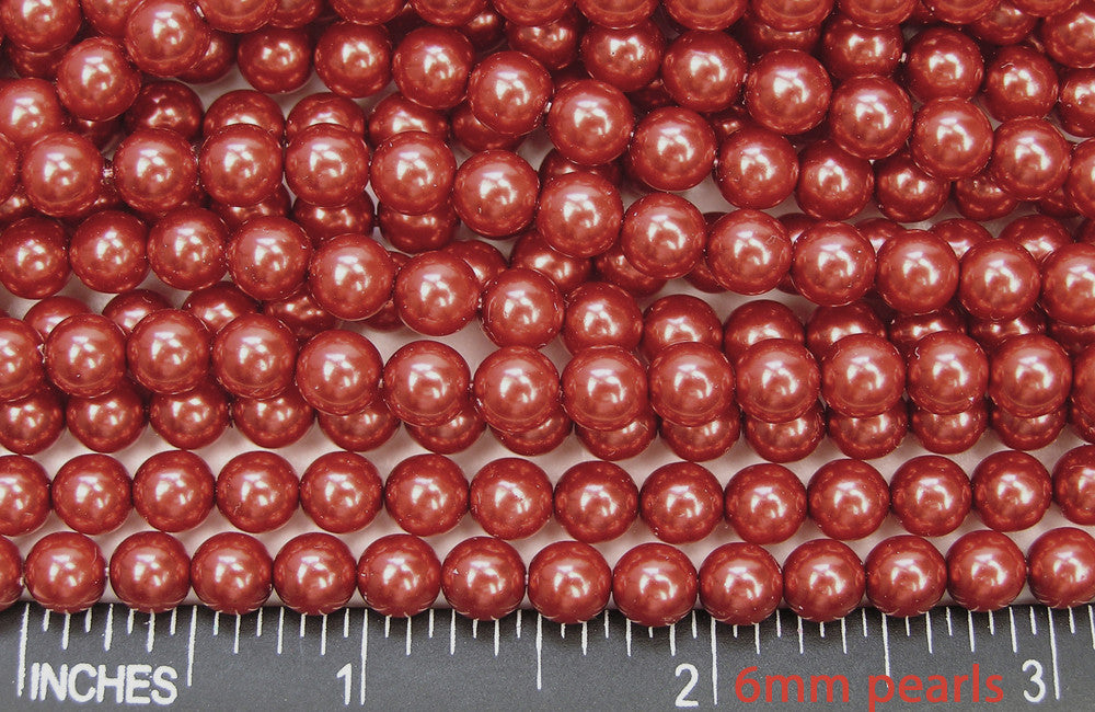 Czech Round Glass Imitation Pearls, Carnelian Red Pearl color