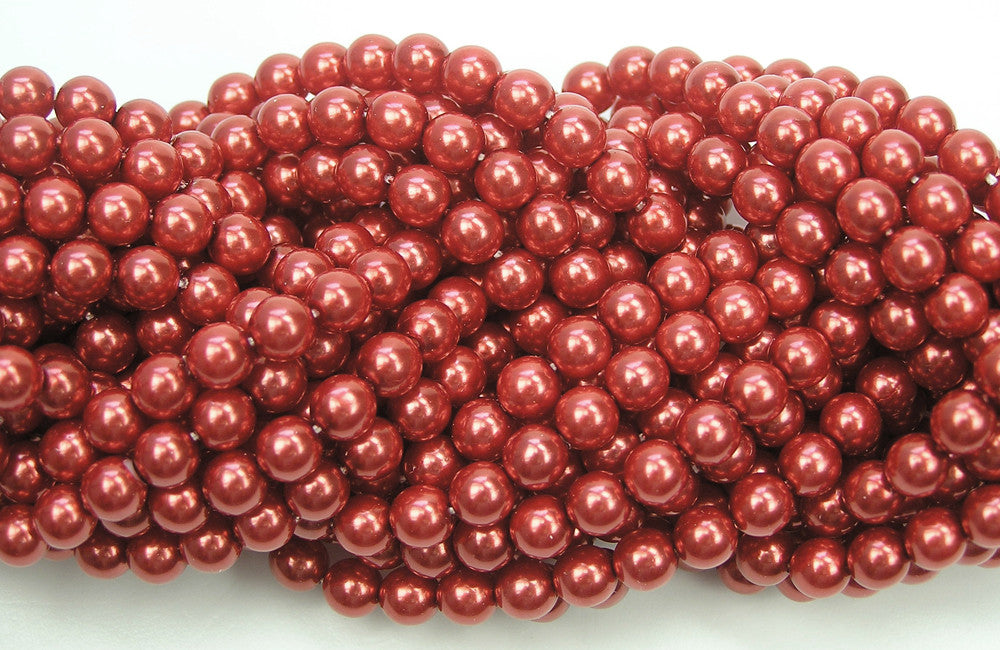 Czech Round Glass Imitation Pearls, Carnelian Red Pearl color