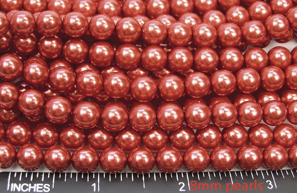 Czech Round Glass Imitation Pearls, Carnelian Red Pearl color