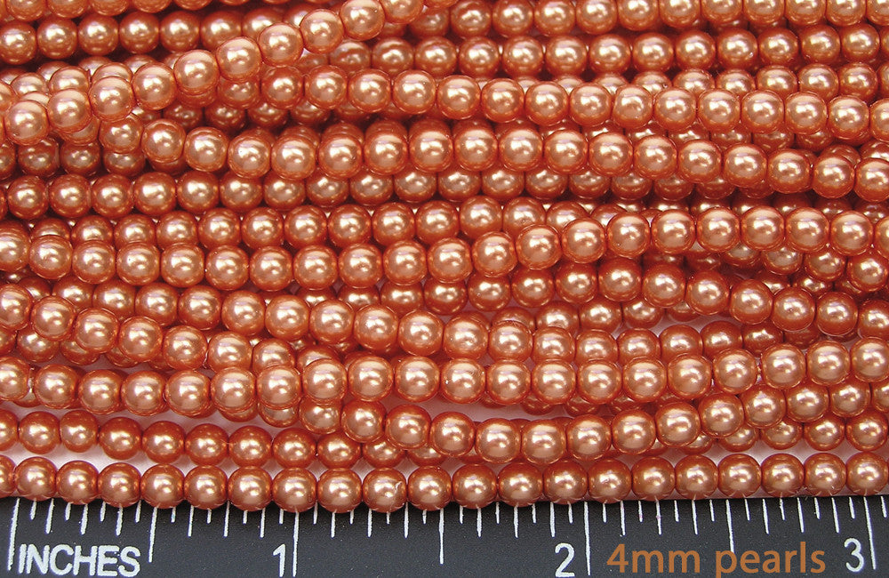 Czech Round Glass Imitation Pearls, Orangy Coral Pearl color
