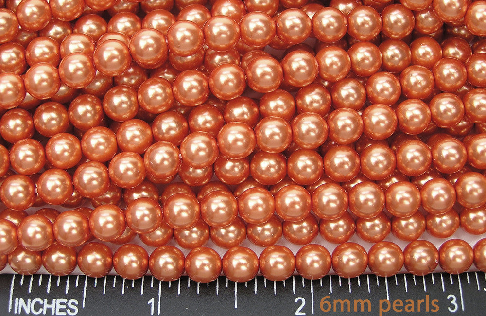 Czech Round Glass Imitation Pearls, Orangy Coral Pearl color