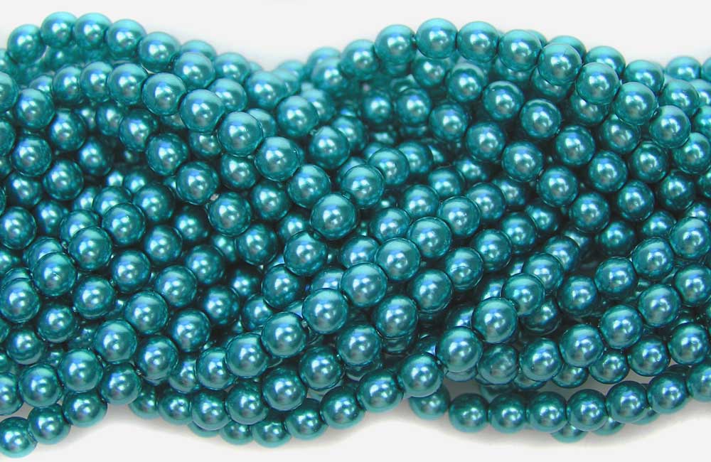 Czech Round Glass Imitation Pearls, Quetzal Pearl color, Blue-Green Peacock Pearl