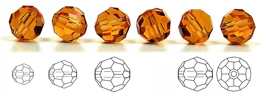 Topaz, Czech Machine Cut Round Crystal Beads, golden brown 6mm, 7mm, 8mm